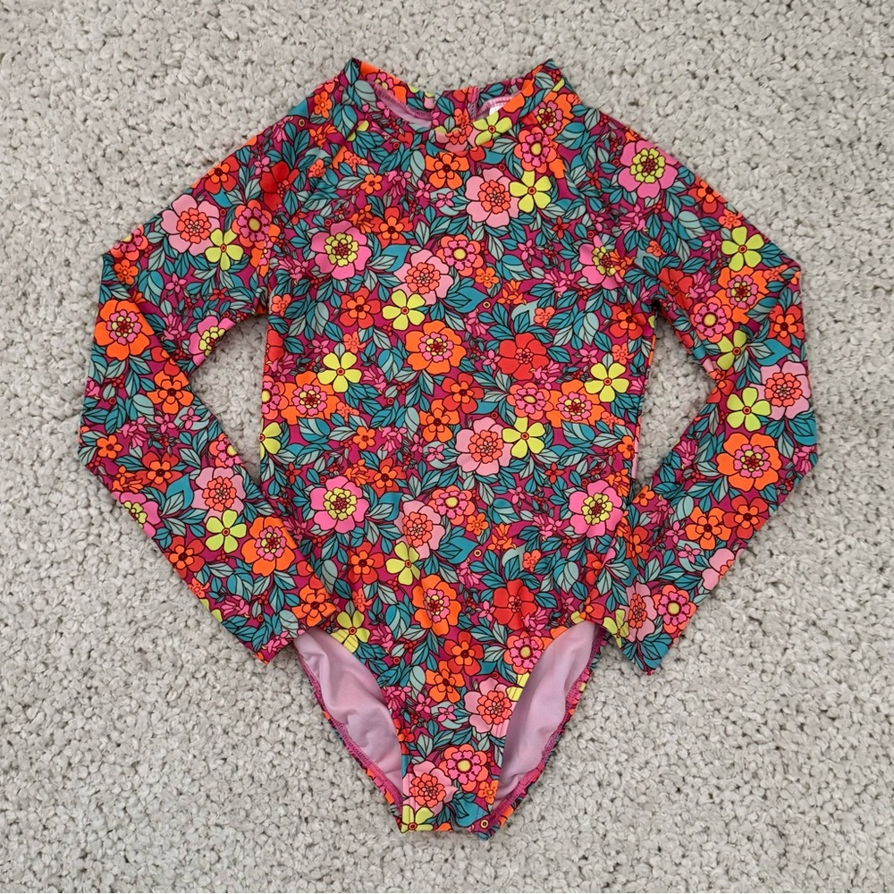 Girls Long-Sleeve Floral One-Piece Swimsuit